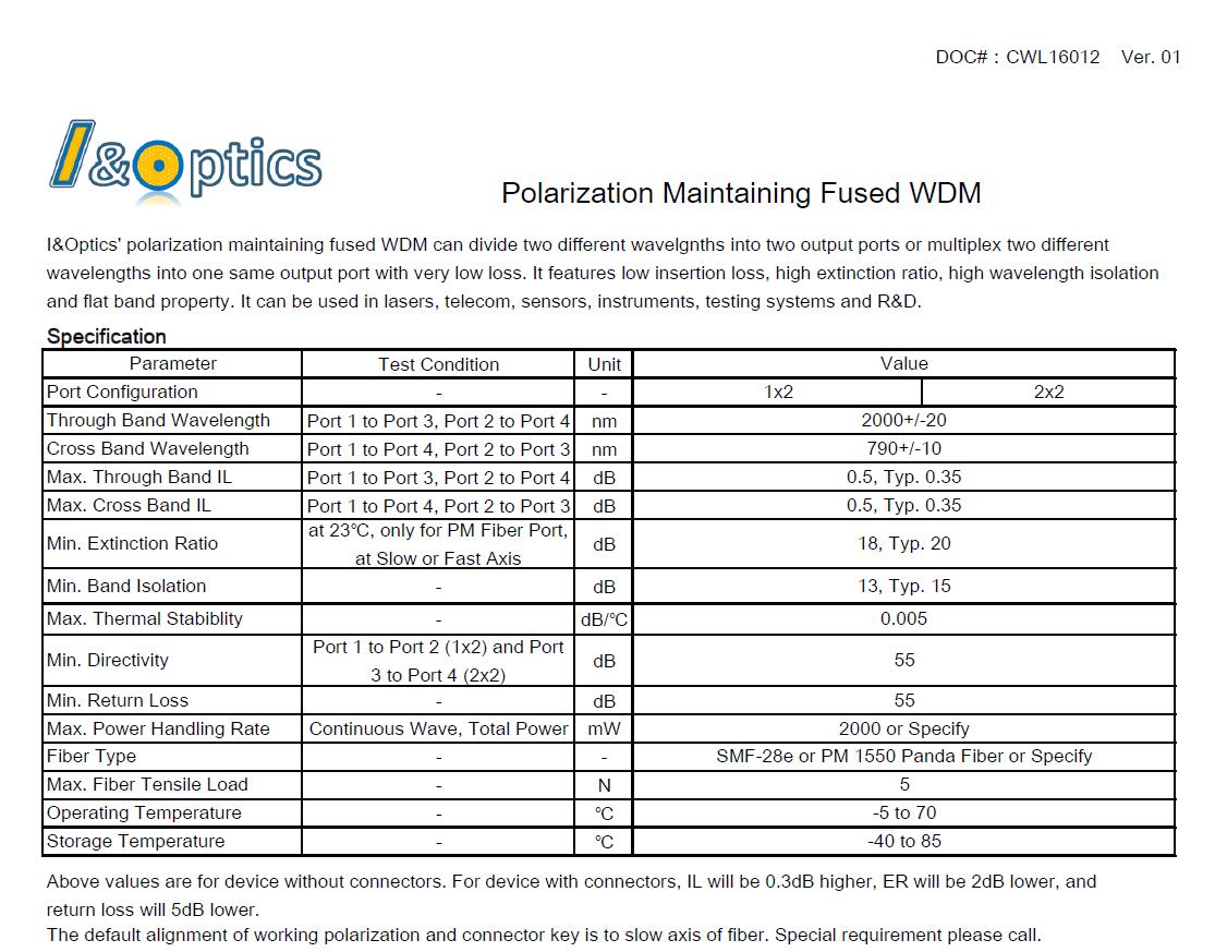 790-2000nm保偏光纖熔錐型波分復用器